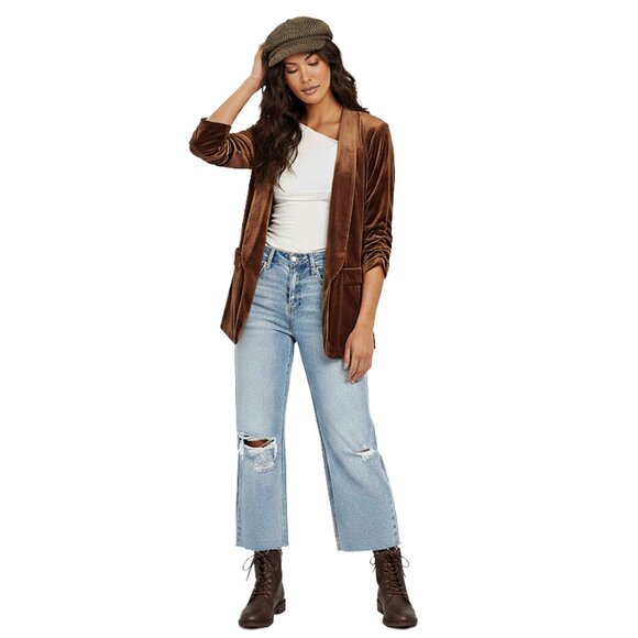 VENTI SEI (Venti6) Chocolate Brown Ruched Sleeve Velvet Blazer 80172-VELVET - Picture 1 of 5
